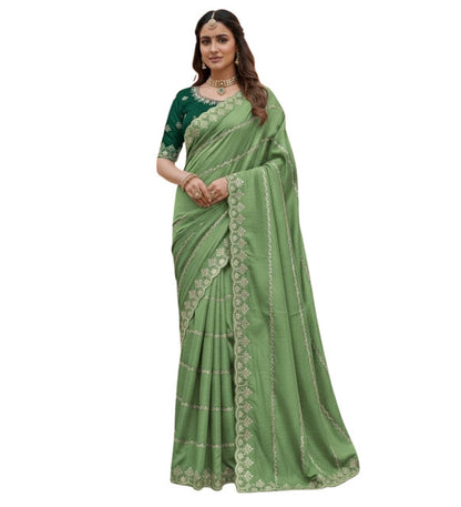 Women's Georgette Embroidered Saree With Unstitched Blouse 5.5 Mtr (Pista Green)