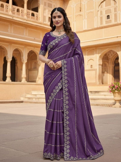 Women's Georgette Embroidered Saree With Unstitched Blouse 5.5 Mtr (Purple)