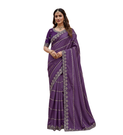 Women's Georgette Embroidered Saree With Unstitched Blouse 5.5 Mtr (Purple)
