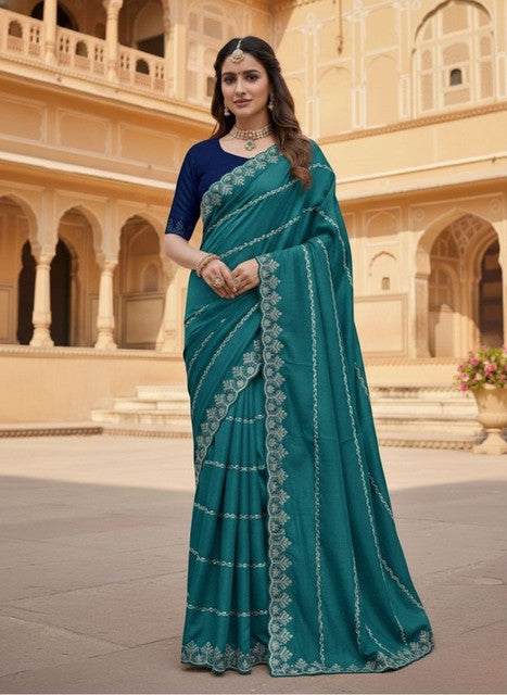 Women's Georgette Embroidered Saree With Unstitched Blouse 5.5 Mtr (Teal)