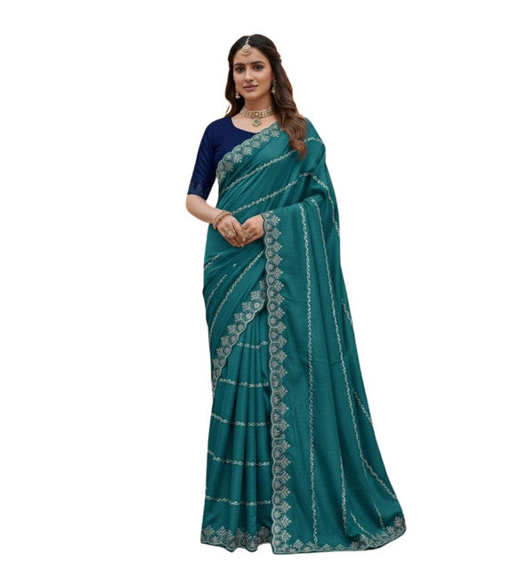 Women's Georgette Embroidered Saree With Unstitched Blouse 5.5 Mtr (Teal)