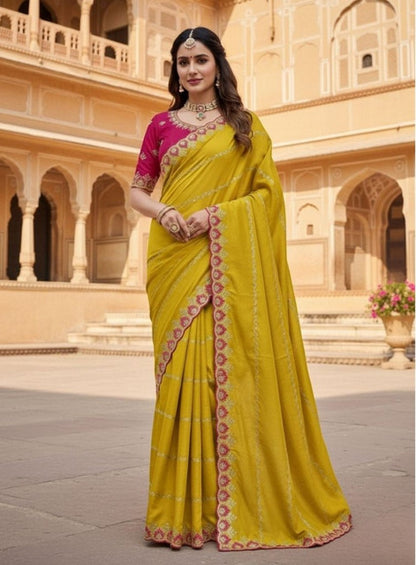 Women's Georgette Embroidered Saree With Unstitched Blouse 5.5 Mtr (Yellow)