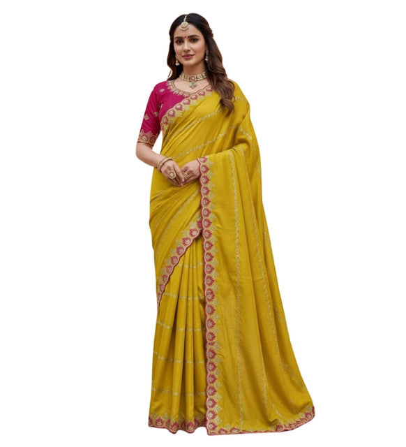 Women's Georgette Embroidered Saree With Unstitched Blouse 5.5 Mtr (Yellow)