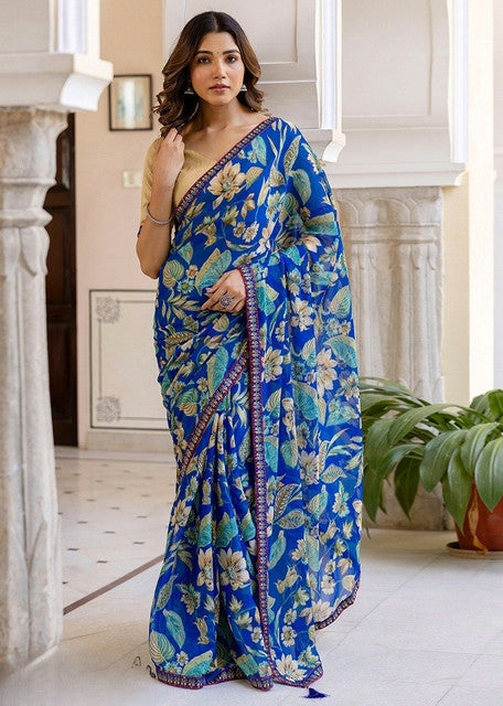 Women's Georgette Floral Printed Saree With Unstitched Blouse 5.5 Mtr (Blue)
