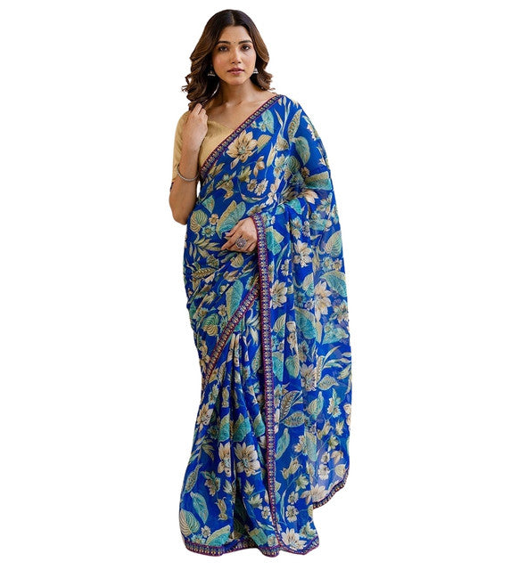 Women's Georgette Floral Printed Saree With Unstitched Blouse 5.5 Mtr (Blue)