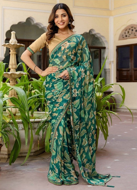 Women's Georgette Floral Printed Saree With Unstitched Blouse 5.5 Mtr (Green)