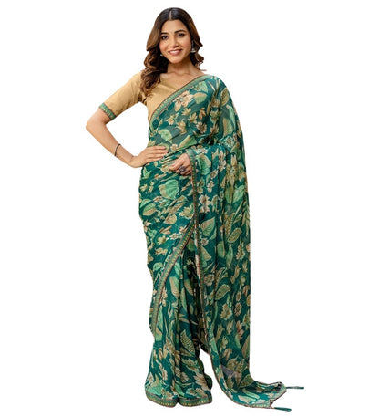 Women's Georgette Floral Printed Saree With Unstitched Blouse 5.5 Mtr (Green)