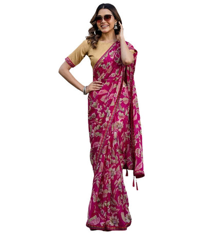Women's Georgette Floral Printed Saree With Unstitched Blouse 5.5 Mtr (Magenta)