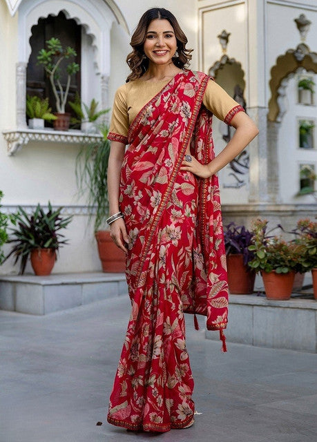 Women's Georgette Floral Printed Saree With Unstitched Blouse 5.5 Mtr (Red)