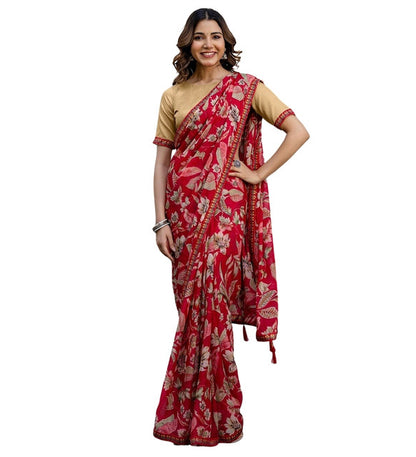Women's Georgette Floral Printed Saree With Unstitched Blouse 5.5 Mtr (Red)