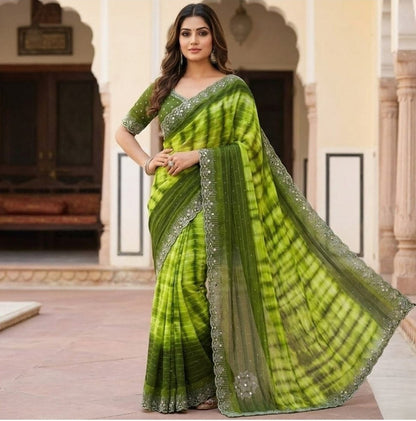Women's Georgette Striped Saree With Unstitched Blouse 5.5 Mtr (Mehendi)