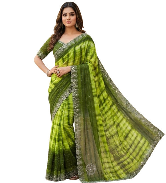 Women's Georgette Striped Saree With Unstitched Blouse 5.5 Mtr (Mehendi)