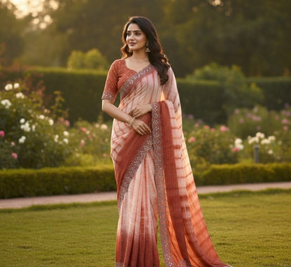 Women's Georgette Striped Saree With Unstitched Blouse 5.5 Mtr (Peach)