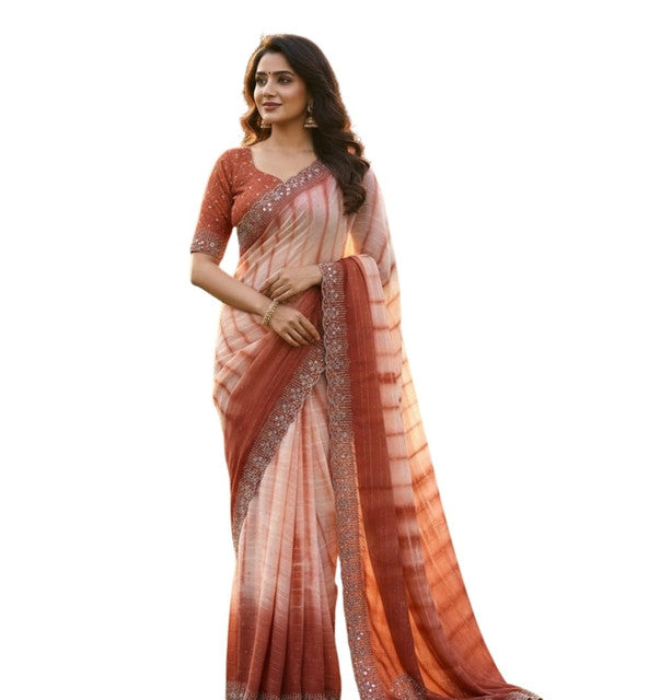 Women's Georgette Striped Saree With Unstitched Blouse 5.5 Mtr (Peach)