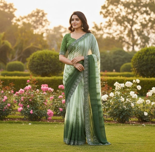 Women's Georgette Striped Saree With Unstitched Blouse 5.5 Mtr (Green)