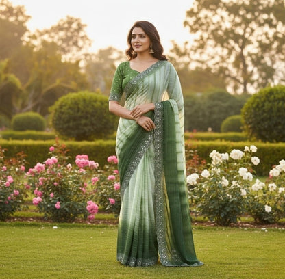 Women's Georgette Striped Saree With Unstitched Blouse 5.5 Mtr (Green)