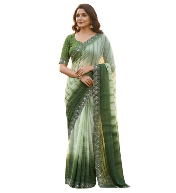 Women's Georgette Striped Saree With Unstitched Blouse 5.5 Mtr (Green)