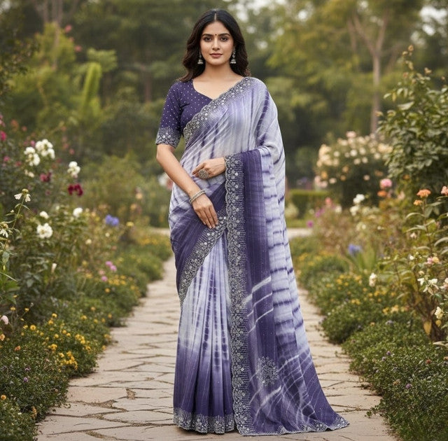 Women's Georgette Striped Saree With Unstitched Blouse 5.5 Mtr (Purple)