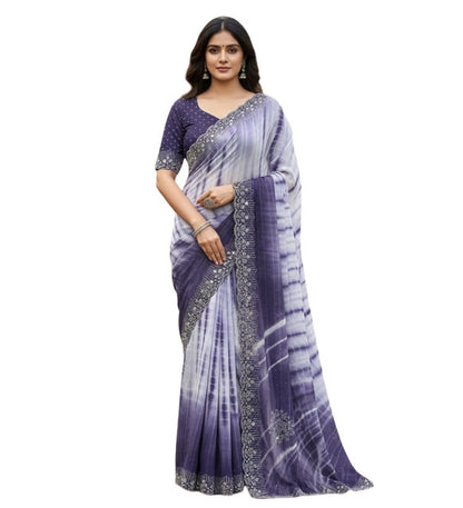 Women's Georgette Striped Saree With Unstitched Blouse 5.5 Mtr (Purple)
