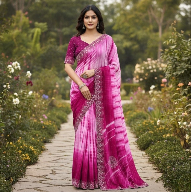 Women's Georgette Striped Saree With Unstitched Blouse 5.5 Mtr (Pink)