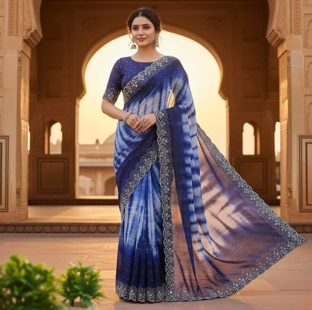 Women's Georgette Striped Saree With Unstitched Blouse 5.5 Mtr (Navy Blue)