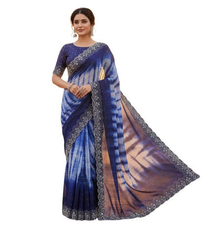 Women's Georgette Striped Saree With Unstitched Blouse 5.5 Mtr (Navy Blue)