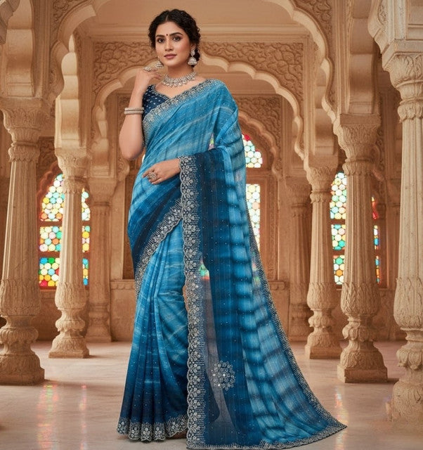Women's Georgette Striped Saree With Unstitched Blouse 5.5 Mtr (Blue)