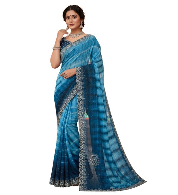 Women's Georgette Striped Saree With Unstitched Blouse 5.5 Mtr (Blue)