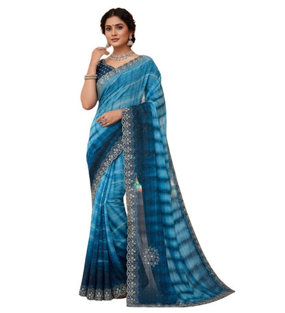 Women's Georgette Striped Saree With Unstitched Blouse 5.5 Mtr (Blue)