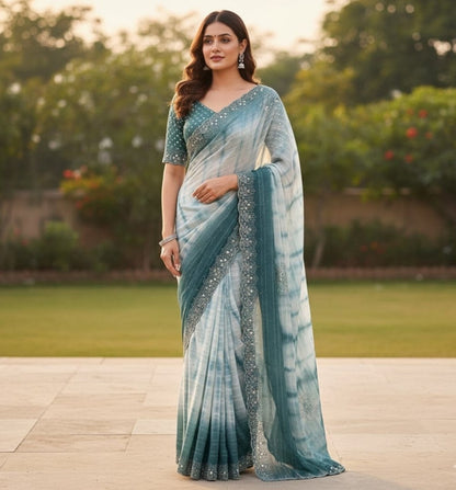 Women's Georgette Striped Saree With Unstitched Blouse 5.5 Mtr (Ice blue)