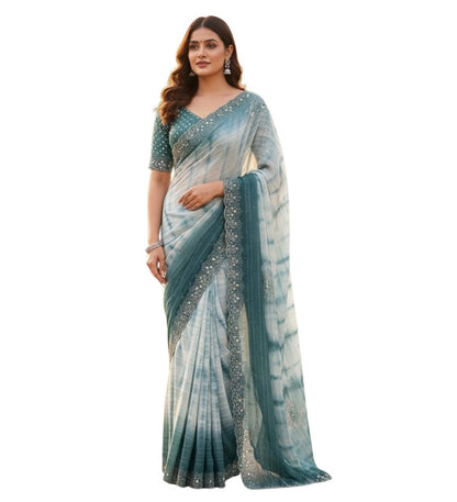 Women's Georgette Striped Saree With Unstitched Blouse 5.5 Mtr (Ice blue)