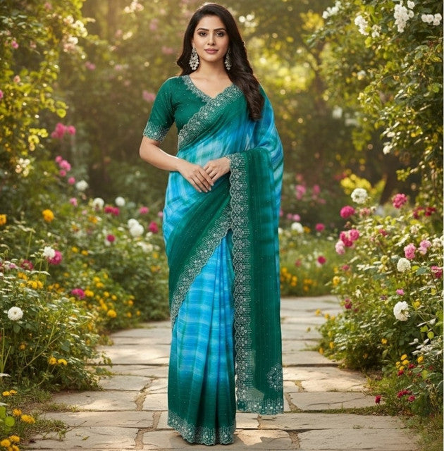 Women's Georgette Striped Saree With Unstitched Blouse 5.5 Mtr (Turquoise)