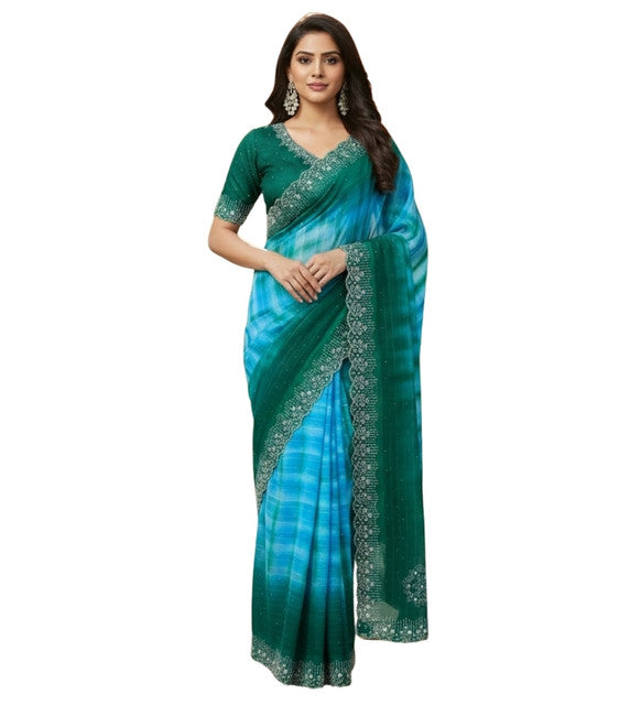 Women's Georgette Striped Saree With Unstitched Blouse 5.5 Mtr (Turquoise)
