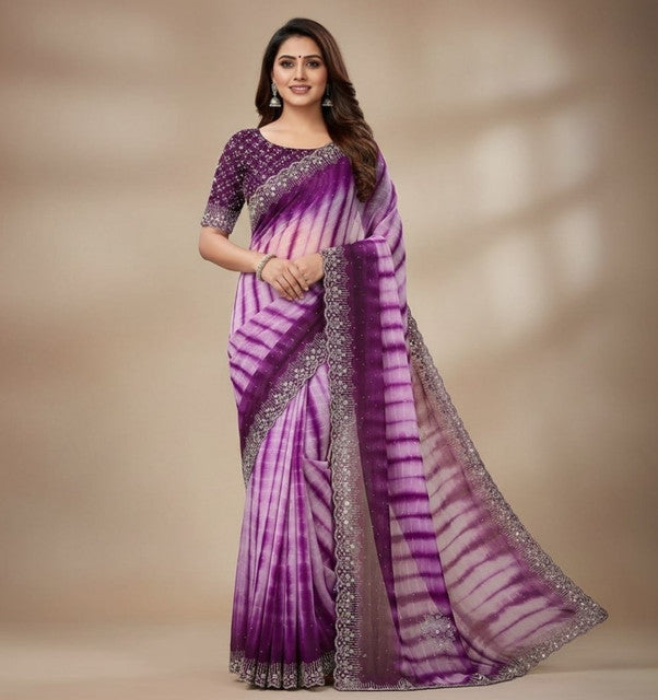 Women's Georgette Striped Saree With Unstitched Blouse 5.5 Mtr (Wine)