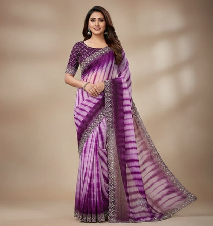 Women's Georgette Striped Saree With Unstitched Blouse 5.5 Mtr (Wine)