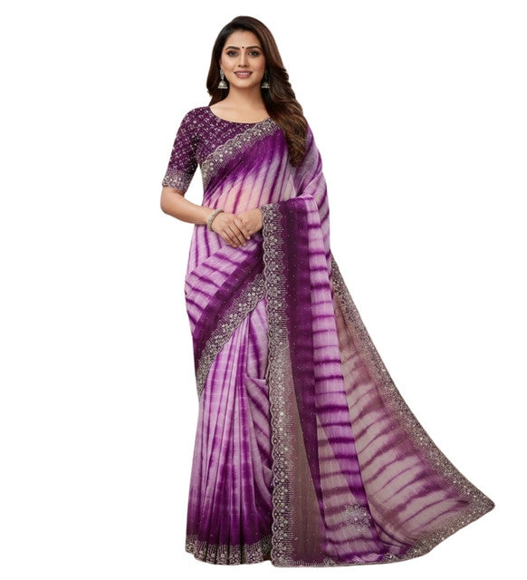 Women's Georgette Striped Saree With Unstitched Blouse 5.5 Mtr (Wine)