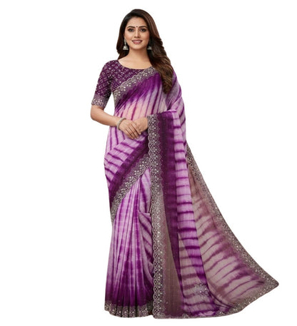 Women's Georgette Striped Saree With Unstitched Blouse 5.5 Mtr (Wine)