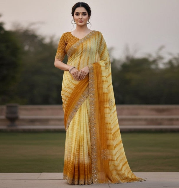 Women's Georgette Striped Saree With Unstitched Blouse 5.5 Mtr (Yellow)