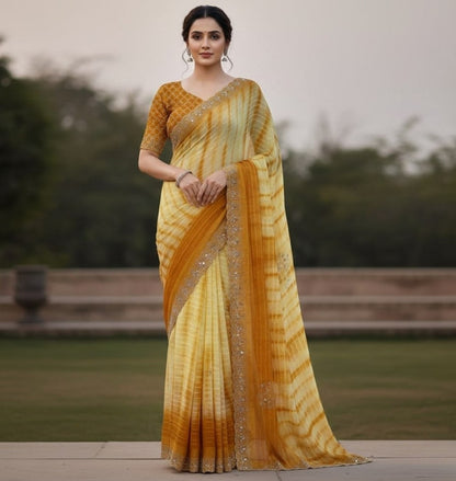 Women's Georgette Striped Saree With Unstitched Blouse 5.5 Mtr (Yellow)