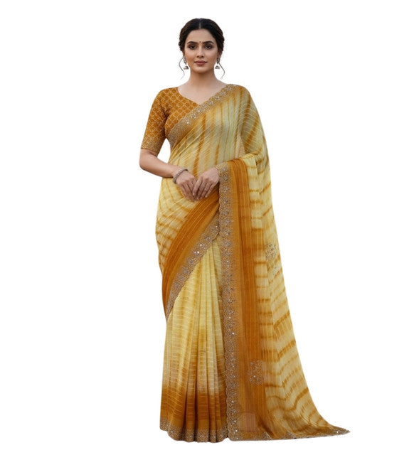 Women's Georgette Striped Saree With Unstitched Blouse 5.5 Mtr (Yellow)