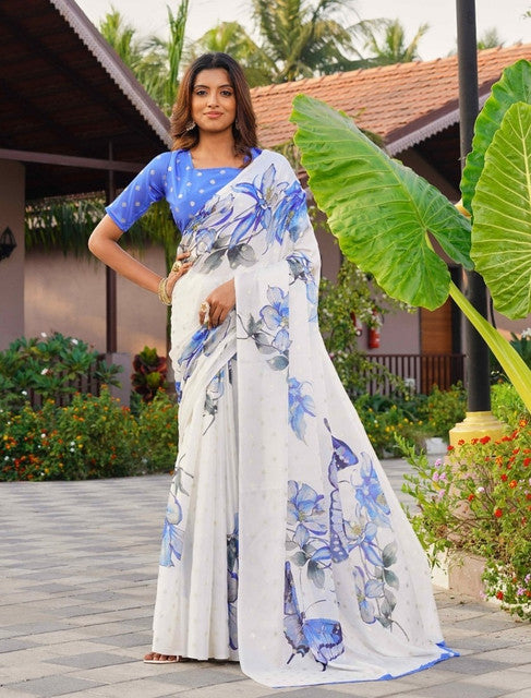 Women's Georgette Floral & Butterfly Printed Saree With Unstitched Blouse 5.5 Mtr (Off White-Blue)