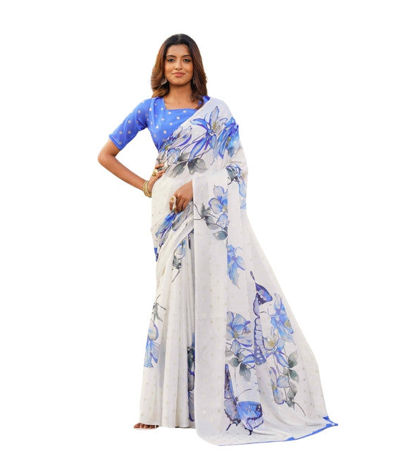 Women's Georgette Floral & Butterfly Printed Saree With Unstitched Blouse 5.5 Mtr (Off White-Blue)