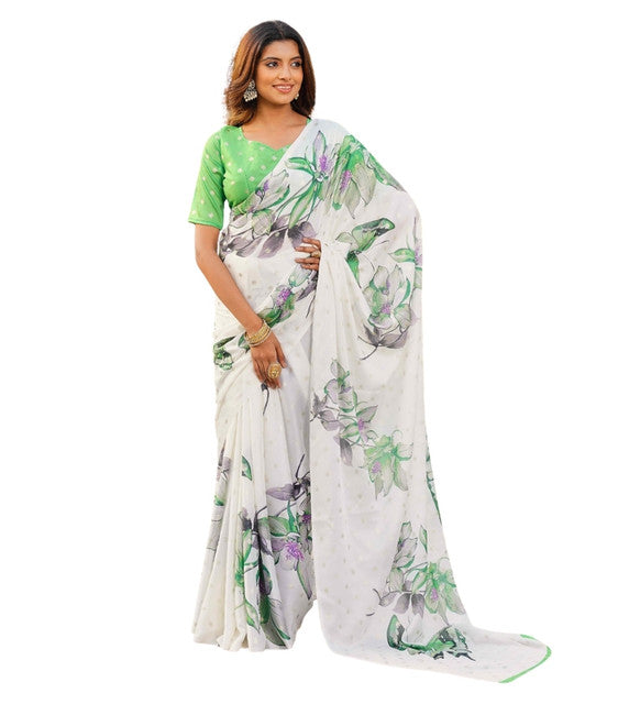 Women's Georgette Floral & Butterfly Printed Saree With Unstitched Blouse 5.5 Mtr (Off White-Green)