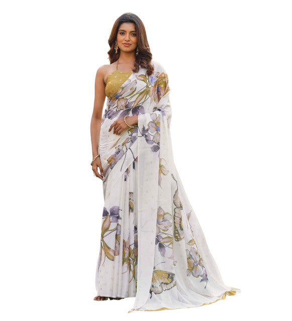 Women's Georgette Floral & Butterfly Printed Saree With Unstitched Blouse 5.5 Mtr (Off White-Mustard)