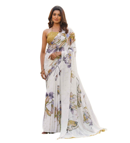 Women's Georgette Floral & Butterfly Printed Saree With Unstitched Blouse 5.5 Mtr (Off White-Mustard)