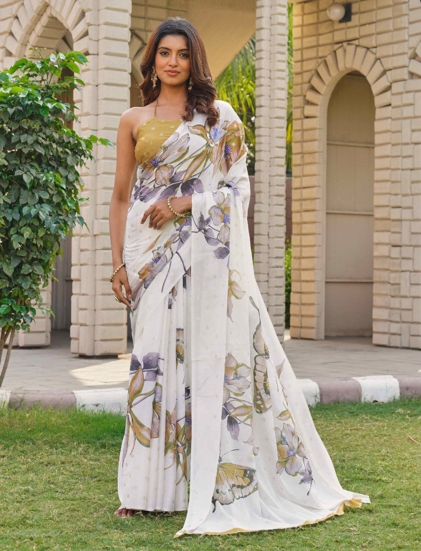 Women's Georgette Floral & Butterfly Printed Saree With Unstitched Blouse 5.5 Mtr (Off White-Mustard)