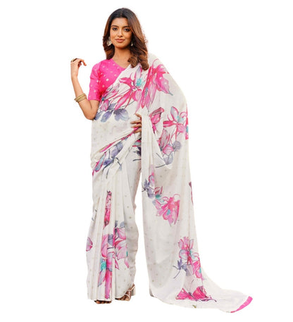 Women's Georgette Floral & Butterfly Printed Saree With Unstitched Blouse 5.5 Mtr (Off White-Pink)