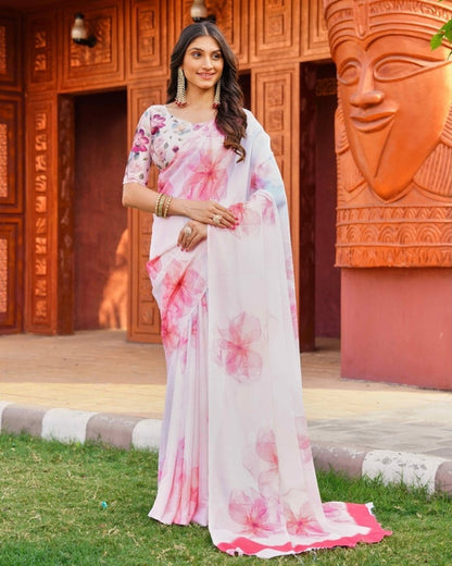 Women's Georgette Floral Printed Saree With Unstitched Blouse 5.5 Mtr (Off White-Pink)