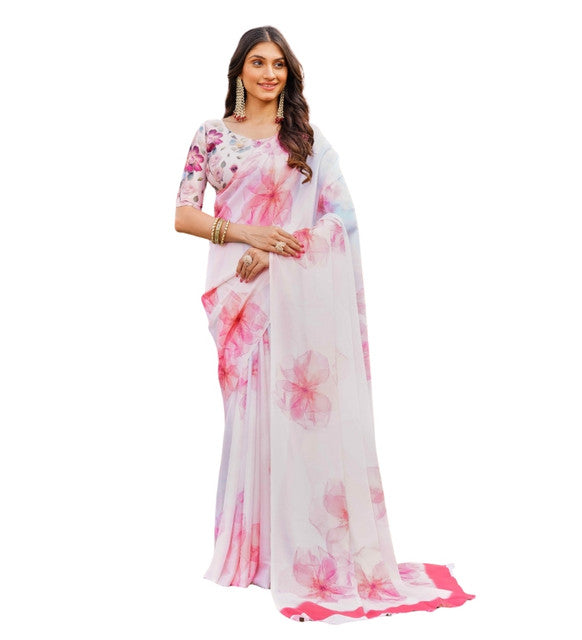 Women's Georgette Floral Printed Saree With Unstitched Blouse 5.5 Mtr (Off White-Pink)