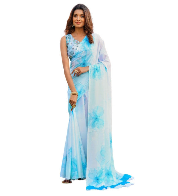Women's Georgette Floral Printed Saree With Unstitched Blouse 5.5 Mtr (Off White-Skyblue)